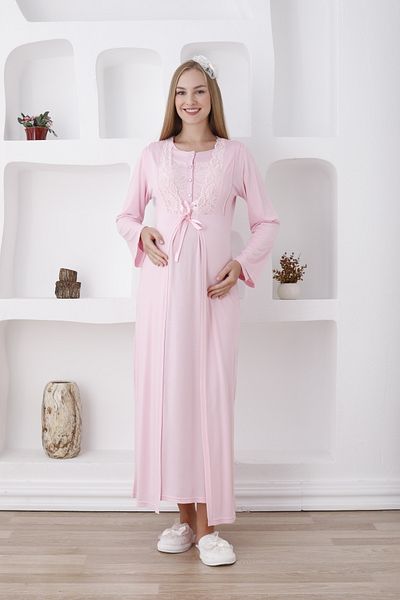 ERDENİZ TEKSTİL Cotton Long Sleeve Maternity-Maternity Nightgown with Dressing Gown 2-Piece Set