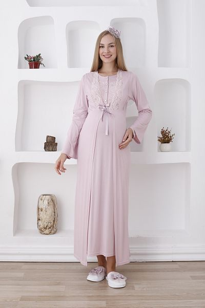 ERDENİZ TEKSTİL Cotton Long Sleeve Maternity-Maternity Nightgown with Dressing Gown 2-Piece Set