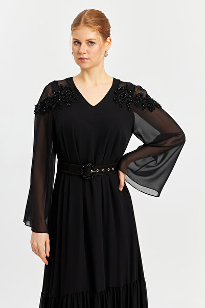 İnce V yaka Omuzu İşleme detaylı Fırfırlı Uzun Abiye Şifon Elbise