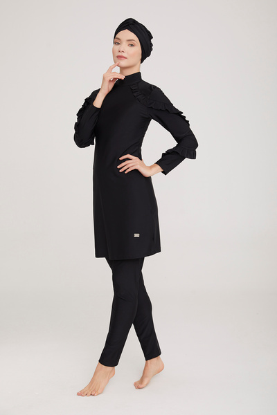 Remsa Mayo Σχεδιασμός βολάν Lycra Πλήρως καλυμμένο μαγιό Hijab Mırına 4104 Μαύρο