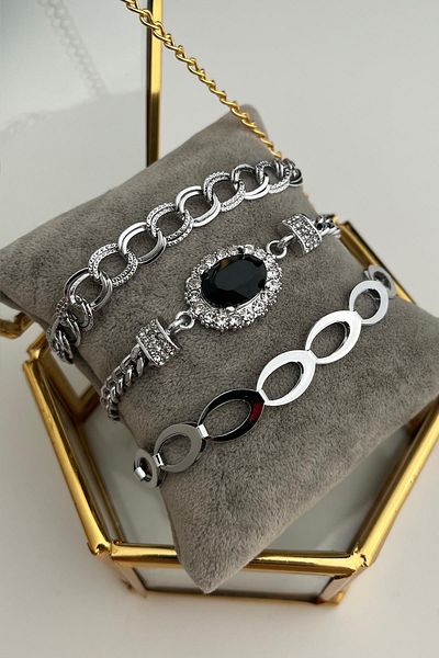 Modex Black Single Stone Detailed Multiple Bracelet Set (18cm)