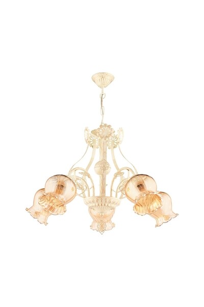 Genel Markalar Av-65114-5sa Krem Ferforje Boyalı Klasik Avize E27 Metal Cam 68cm