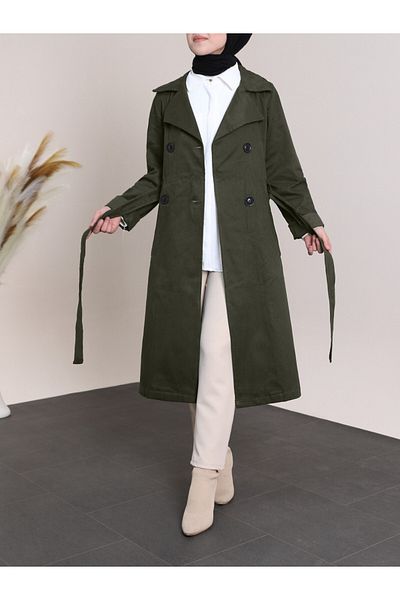 Modamorfo Trenchcoat mit gefalteten Ärmeln und Knopfgürtel – Khaki