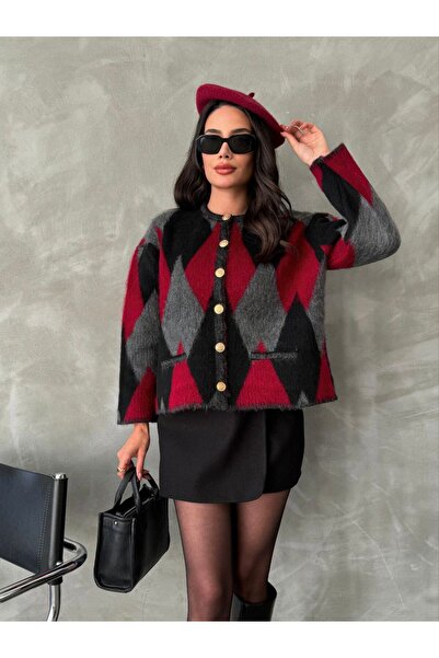 My Blog Burgundy Silver Buttoned Diamond Patterned Cardigan - 7200