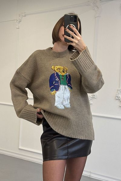 MAGARDE Pulover de tricotaj supradimensionat CAMEL - Imprimat ursuleț