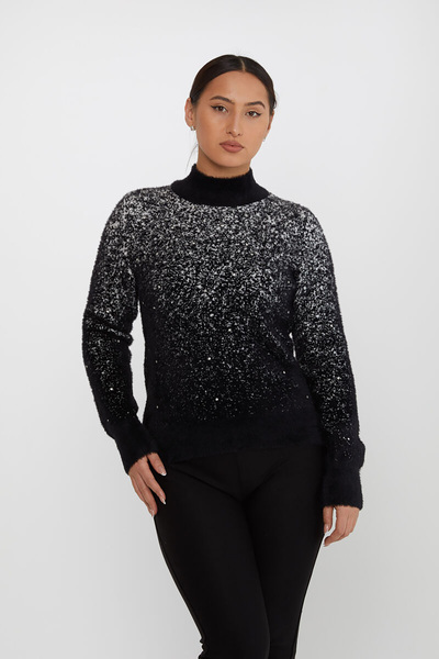 KAZEE Angora Knitwear Sweater - Stand Collar, Black-Ecru 31180