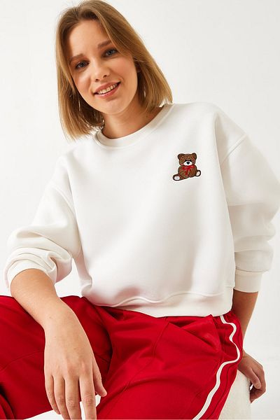 Bianco Lucci Women's Three Thread Raised Teddy Bear Embroidered Sweatshirt 60261160