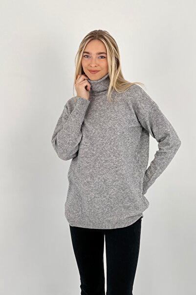 Miss Poem Women's High-Top Winter Turtleneck Basic Gray Knitwear Sweater