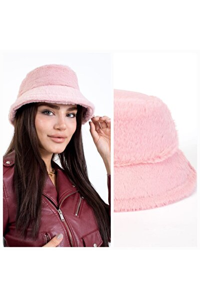 Gullfoss Pembe Tavşan Tüyü Peluş Bucket Kova Moda Kadın Kışlık Şapka