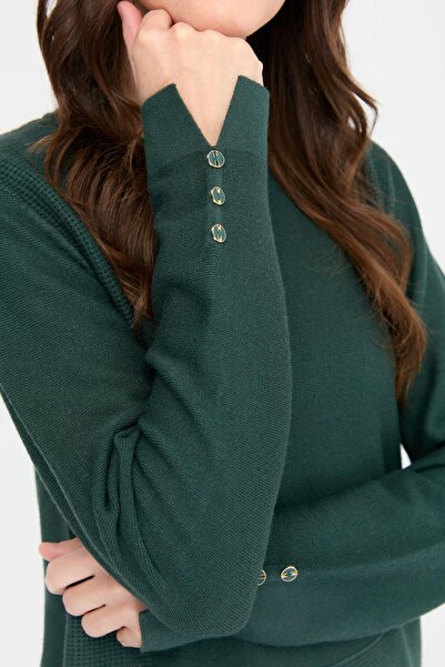 Desen Triko Green Women's Sweater - Crew Neck and Slit 24357