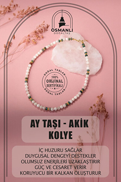 OSMANLI DOĞAL TAŞ Sertifikalı Hakiki Ay Taşı Ve Akik Doğal Taş Dizi Kolye