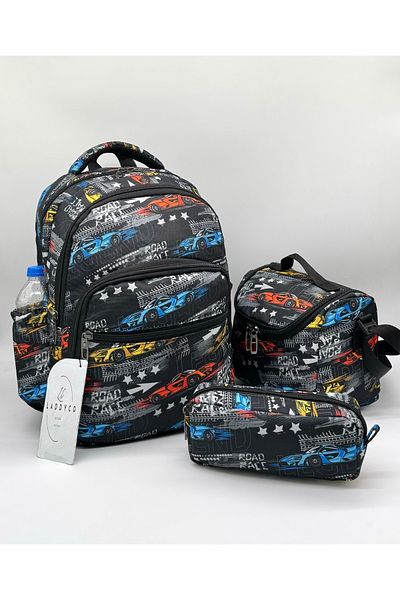 Bevitton Car Printed Primary School Bag Orthopedic Set of 3 Black Boys' Primary School Bag