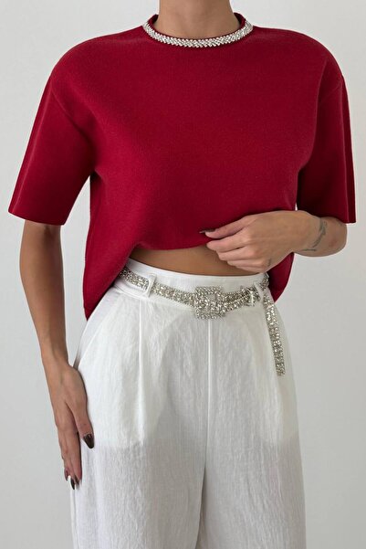 Coral Burgundy Stone Collar Short Sleeve Sweater