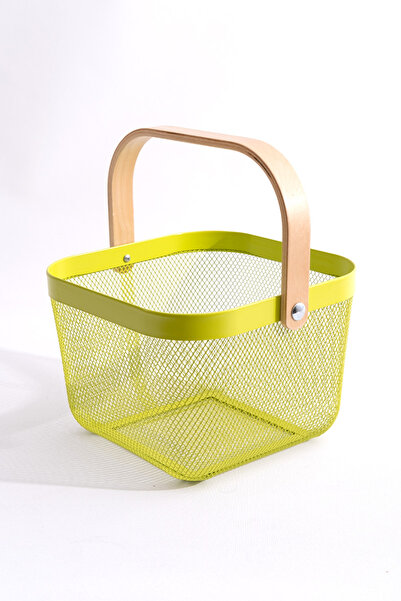 Rafiste Ahşap Saplı Çok Amaçlı Metal Düzenleme Saklama Depolama Sepeti Yeşil