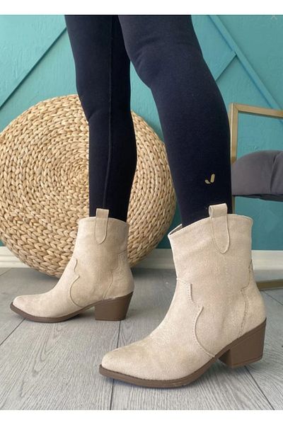 Afilli Beige Suede Matte Women's Western Boots - Pointed Toe, Slip On, Chunky Low Heel, Buckle Stylish Cowboy Shoes