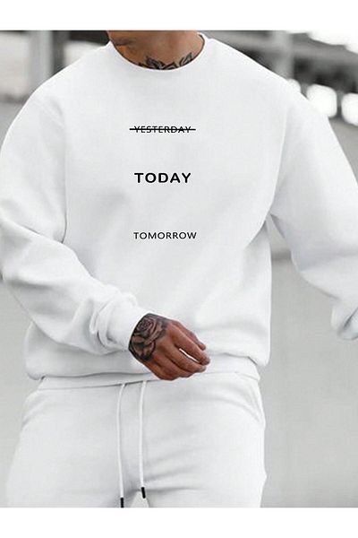 woonkey Unisex Oversize White Today Printed Cotton Inside Sweatshirt