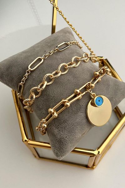 Modex Gold Color Evil Eye Coin Detailed Multiple Bracelet Set (18cm)
