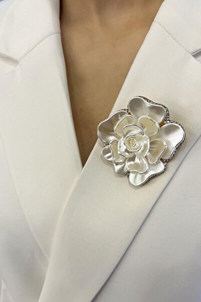 Modex Taş Detaylı Sedef Gül Broş (5cm)