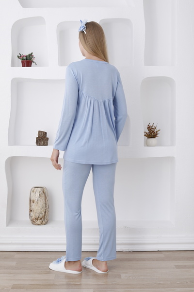 ERDENİZ TEKSTİL Güpürlü Sabahlıklı Düğme Yakalı Uzun Kollu Lohusa-Hamile Pijama Takımı 3'lü Set