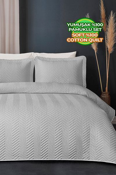Evlen Home Collection Ватирано кувертюрно покривало за единично легло на райета Ross Grey - 100% памук, може да се пере