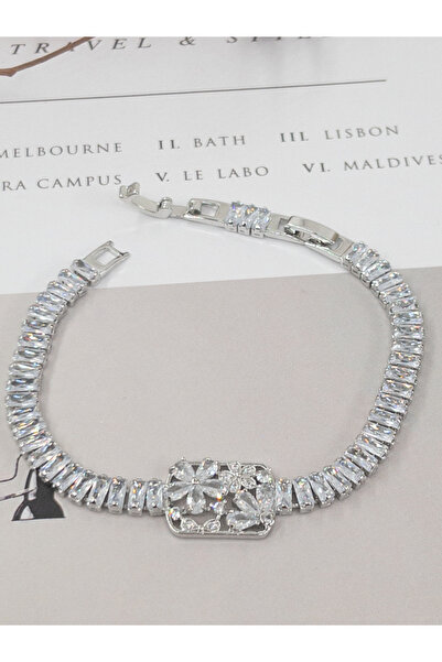 Siya Silver Women's Bracelet - Rectangular Multiple Flowers Waterway Baguette...