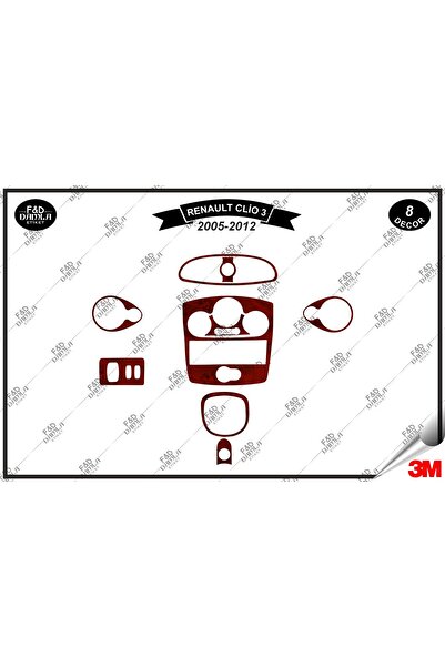 FD Damla Etiket Renault Clio 3 (2005-2012) - Garnitură consolă torpedo, set de 8 bucăți din furnir de mahon
