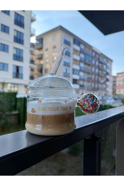 MİMOZA PARK Bulk Size Cup with Colored Handle with Glass Straw