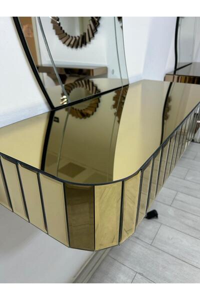 ERGLASS CAM Dresuar Takımı Yarım Ay Aynalı Led Işıklı *gold Ayna Çekmeceli * Ayaksız Modern Dresuar Antre Hol