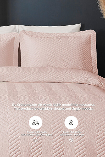 Evlen Home Collection Ross %100 Pamuk Tek Kişilik Yatak Örtüsü ( Pike ) Takımı Kapitone Çizgili Günlük Yıkanabilir Pudra