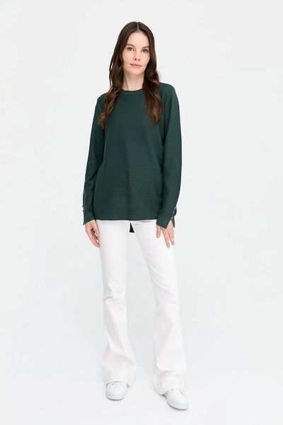 Desen Triko Green Women's Sweater - Crew Neck and Slit 24357