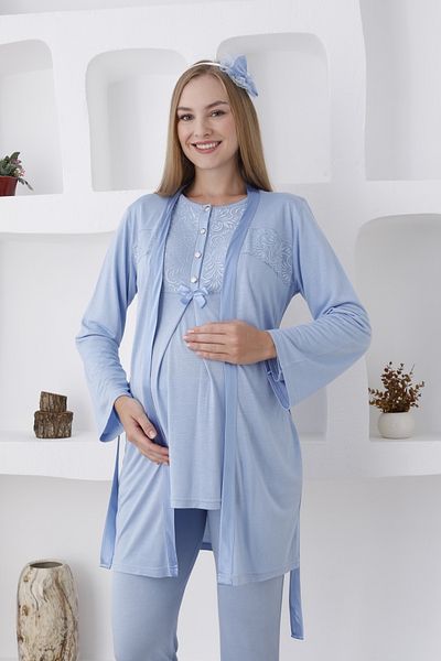 ERDENİZ TEKSTİL Set de pijamale de maternitate-maternitate cu halat de baie cu mânecă lungă și guler cu nasturi Set de 3