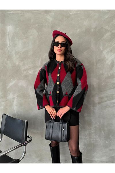 My Blog Burgundy Silver Buttoned Diamond Patterned Cardigan - 7200