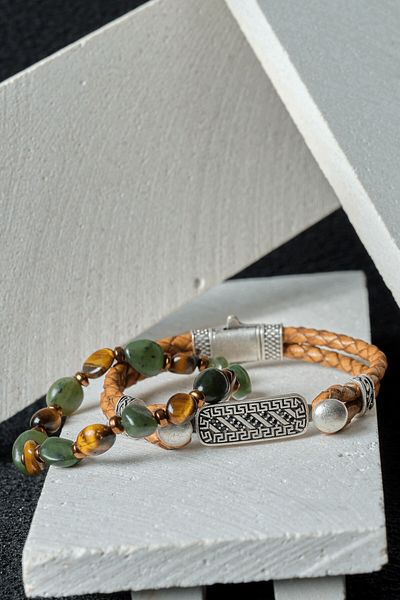 Ssilhoutte Doğaltaş Genuine Leather Brass Bracelet - Tiger Eye with Jade and Hematite Detail