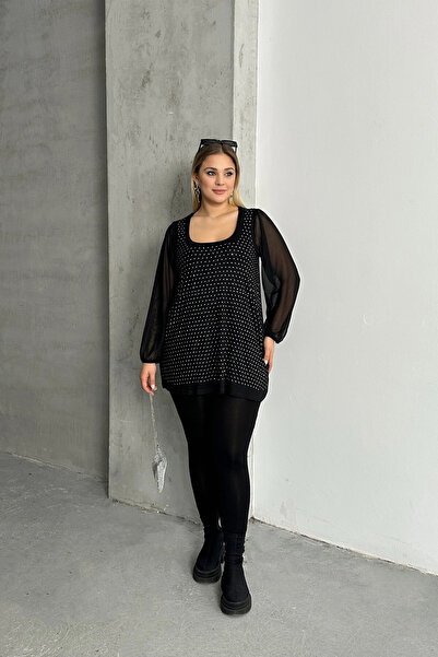 Stil Diva Plus Size Long Tulle Sleeve Front Stone Embroidered Crew Neck Blouse 321831 -U