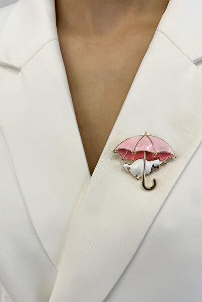 Modex Şemsiye Detaylı Kedi Broş (En:4cm Boy:4cm)