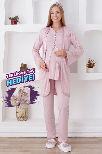ERDENİZ TEKSTİL Long Sleeve 7 Colors Maternity Sleepwear & Dressing Gown Set with Lace/Slipper and Crown Gift