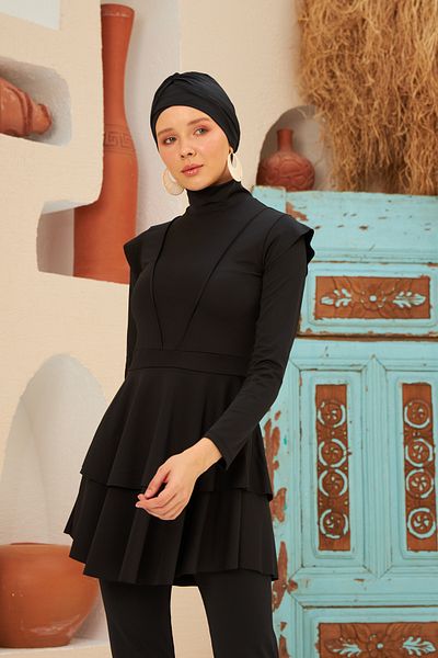 Remsa Mayo Ολόσωμο Lycra Πλήρως καλυμμένο μαγιό Hijab Μαγιό με λεπτομέρεια βολάν LT23-01 Μαύρο