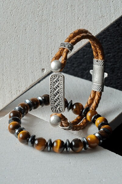 Ssilhoutte Doğaltaş Hakiki Deri ve Pirinç Kaplama Bileklik - Kaplan Gözü ve H...