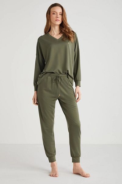 Penyemood ΓΥΝΑΙΚΕΙΑ ΣΤΟΛΗ ΠΙΤΖΑΜ ΜΕ Απαλή ΥΦΗ V-NECK ΜΑΚΡΥΜΑΝΙΚΗ