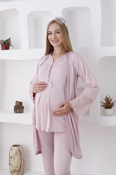 ERDENİZ TEKSTİL Laced Dressing Gown Long Sleeve Button Collar Maternity-Maternity Pajamas Set Set of 3
