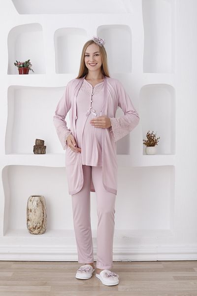 ERDENİZ TEKSTİL Laced Dressing Gown Long Sleeve Button Collar Maternity-Maternity Pajamas Set Set of 3