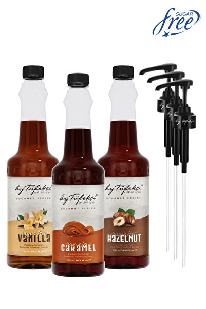 By Tüfekçi Gourmet Series Şekersiz Karamel–Fındık–Vanilya Aromalı Tatlı, Kokteyl ve Kahve Şurubu 3x750ml