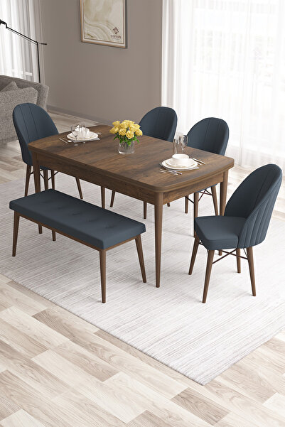 Canisa Roz Serisi,80x132 Mdf Açılabilir Barok Ahşap Desen Masa Takımı 4 Antra...