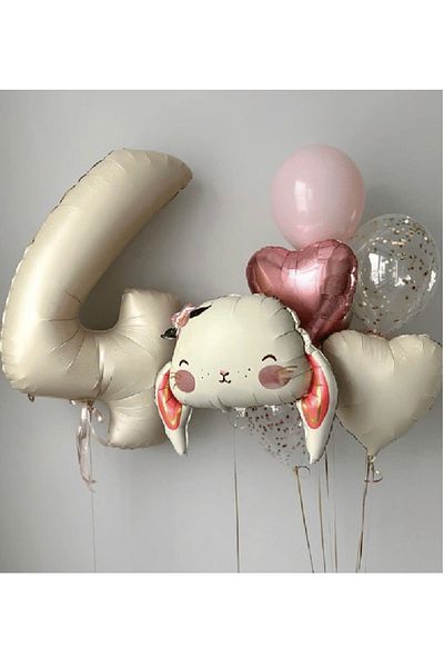 CUGY Rabbit Figure Age Number Cream and Rose Gold Balloon Chain Birthday Party Decoration Set