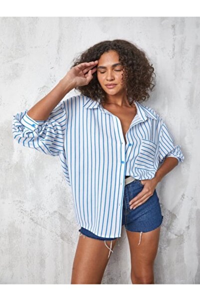 Butik Mavi Beyaz Çizgili ş Büyük Cep Detaylı Oversize Tasarım Gömlek