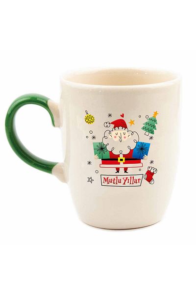 PALTO TASARIM Happy Birthday Colorful Handle Cream Shiny Oval Mug No:10-Christmas Themed Mug