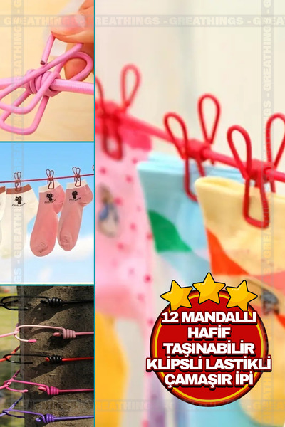 Greathings 12 cleme portabile pentru uscat rufe, cu șnur elastic pentru rufe,...
