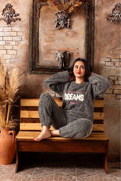 CALİA Women's Crew Neck Towel Velsoft Pajama Set Plush Winter