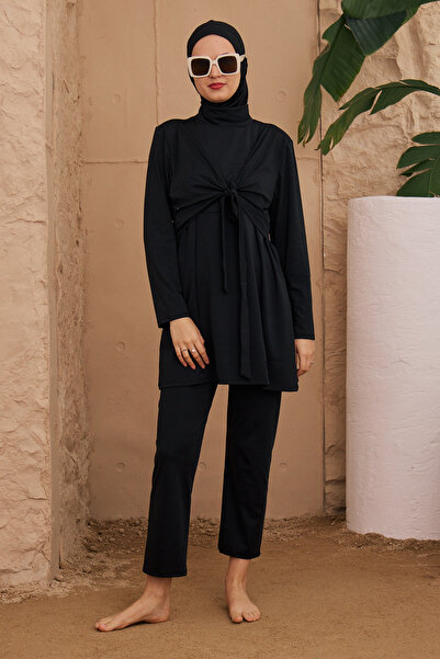 Remsa Mayo Butterfly Patterned Lycra Double Breasted Hijab Swimsuit - 4024 Black