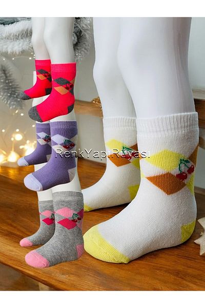 RENK YAPI RÜYASI 4 Winter Girl's Towel Socks - 80% Cotton, Half Socks, Short Socks
